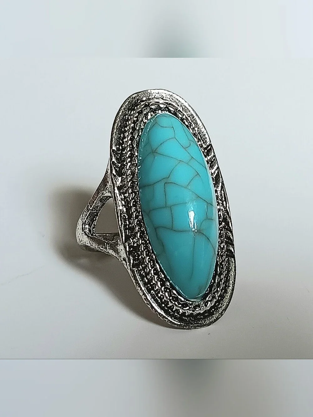 Turquoise Oval Silver-Tone Statement Ring